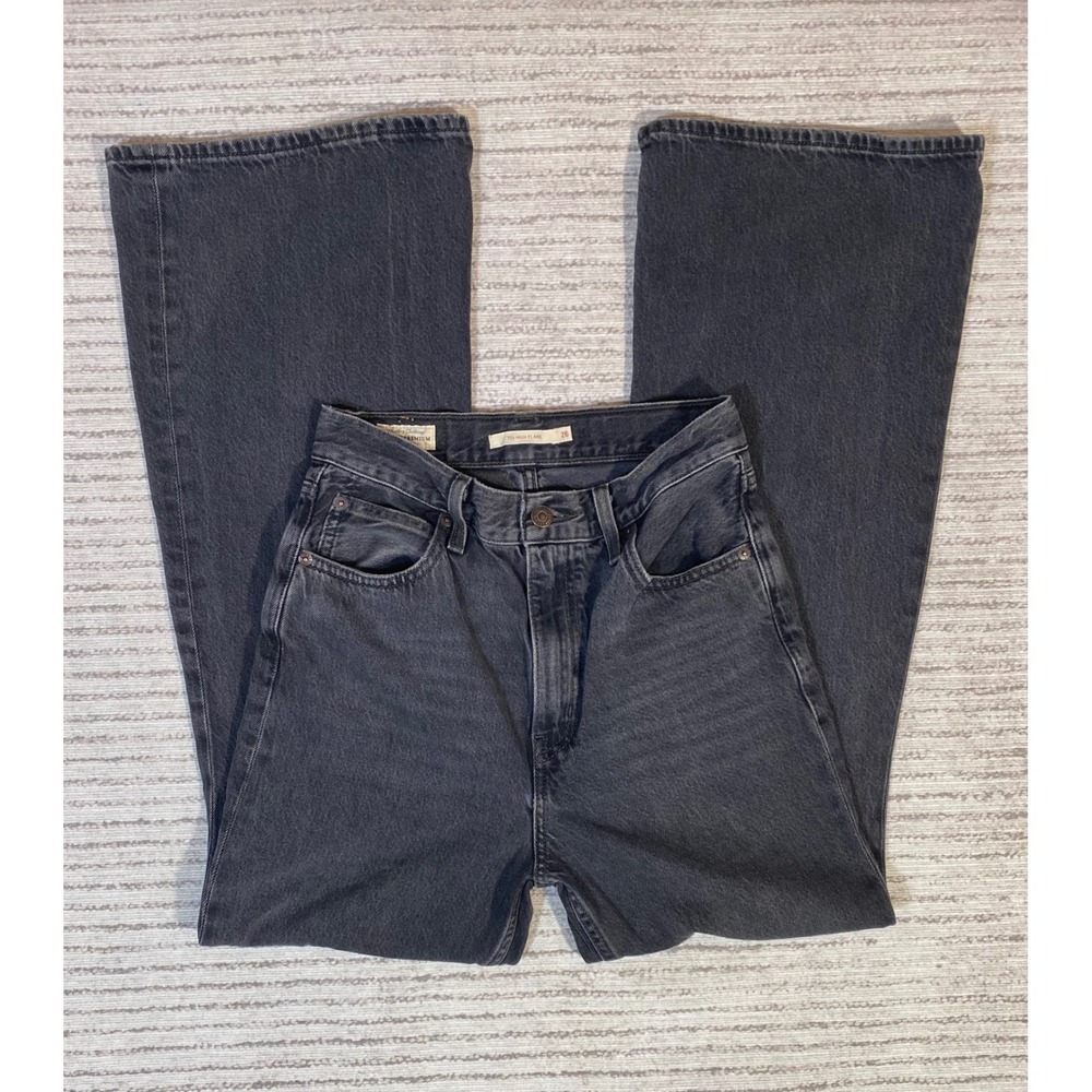 Levis Premium 70s High Flare Jeans Washed Black Denim Size 26 High Rise Retro